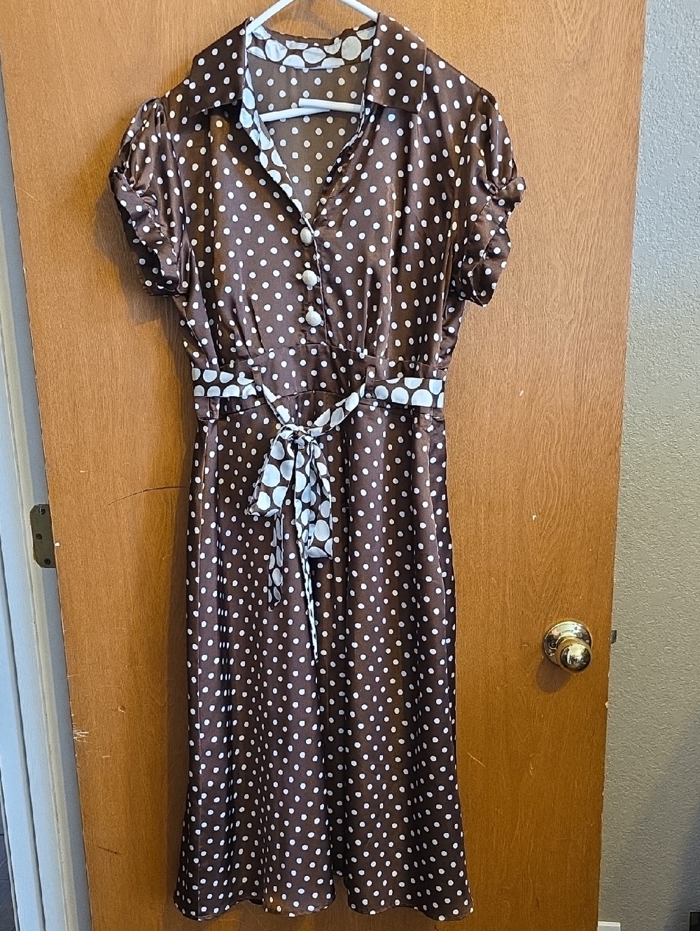 Dress Barn Brown Polka Dot Midi Dress with Tie Waist